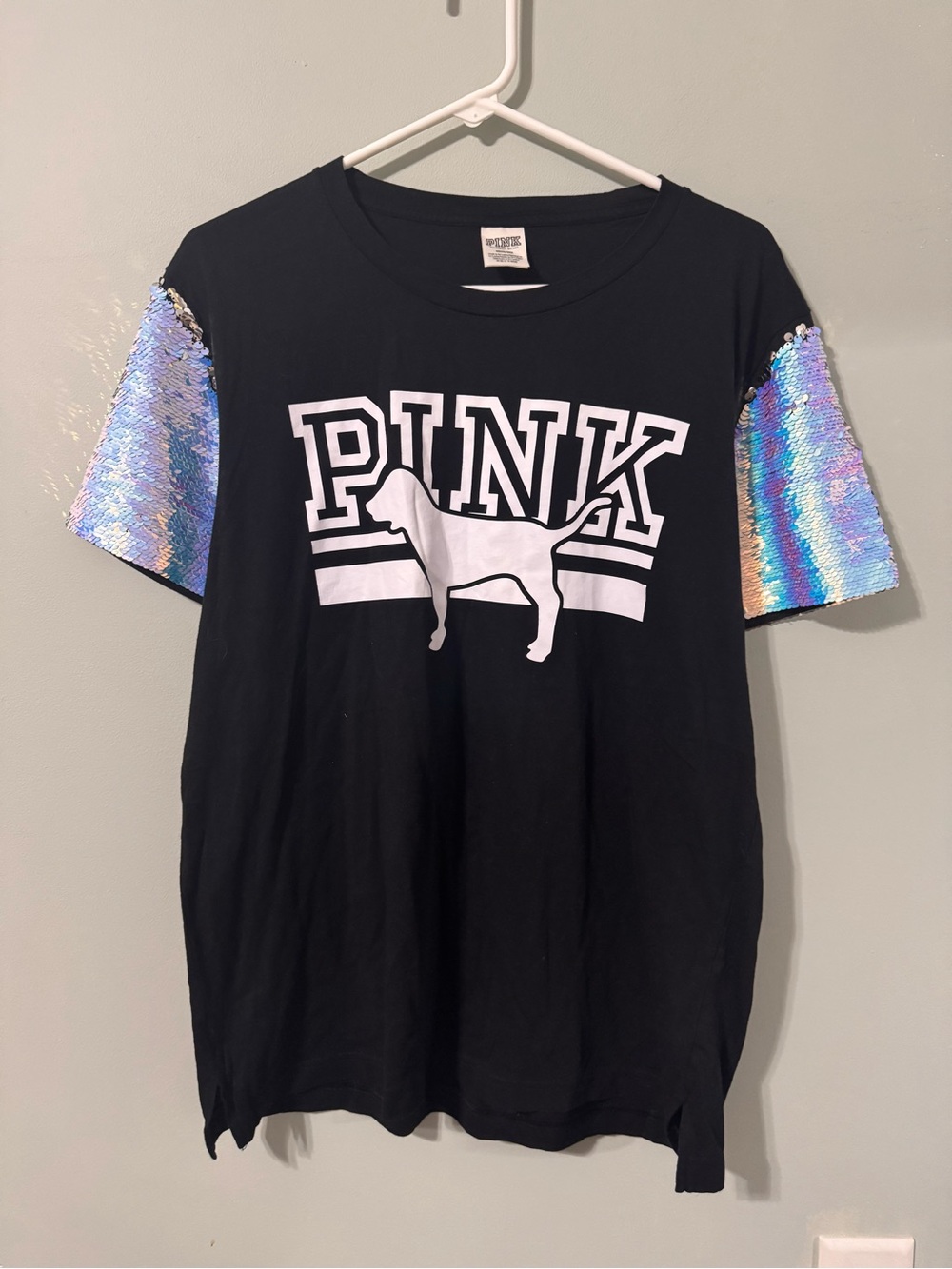 VS PINK Mermaid Flip Sequin Bling Campus Short Sleeve Tee Top M